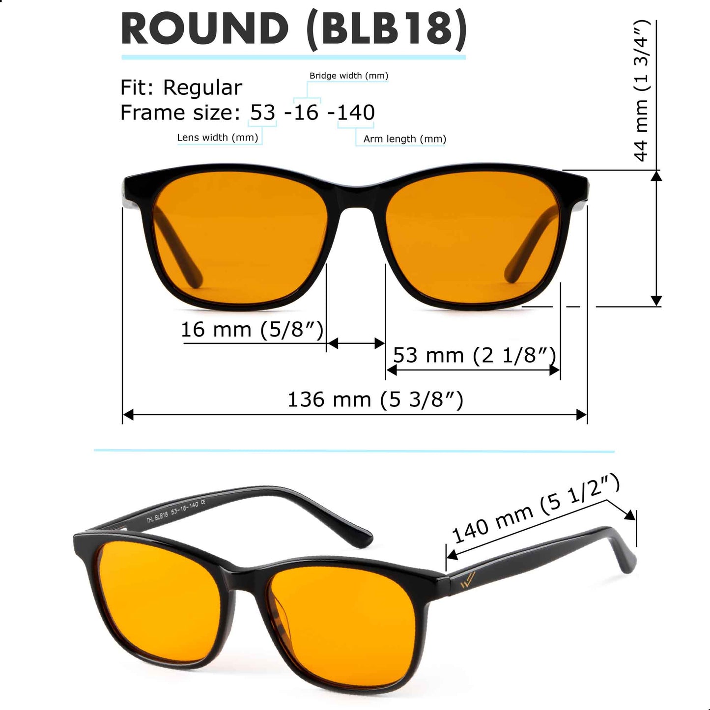 size guide round lens blue light blocking glasses