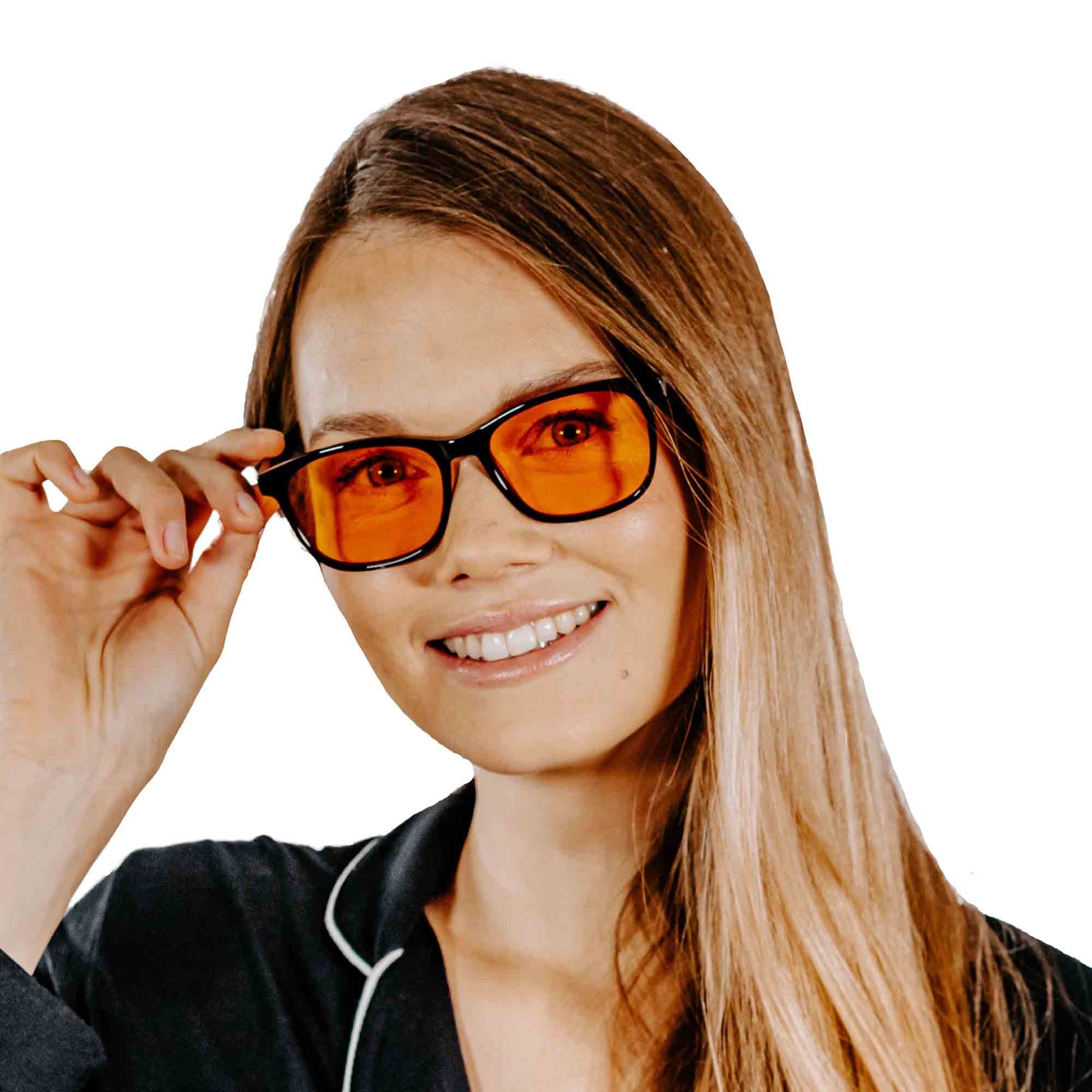 blue light blocking glasses for men and women with orange lens tint Round Black Acetate